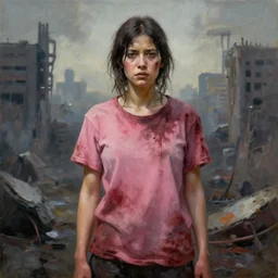 an female survivor wearing a bloody and dirty pink t shirt, apocalyptic city backround, oil painting