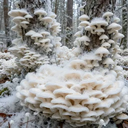 forest infested by fungal bloom, white fungal spores everywhere, trees covered in mushrooms and fungi, white color palette, mushrooms everywhere, no leaves, only fungus