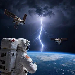astronaut's point of view satellites falling into the earth's atmosphere, thunderstorm in the sky, blue lighting, gloomy, atmospheric lighting, detailed, by greg rutkowski, trending on artstation