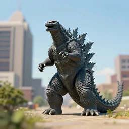 photograph of Godzilla near Columbus Ohio, one point perspective, 1-point perspective, tilt shift, sigma 85mm f/1.4, 4k, depth of field, high resolution, 4k, 8k, hd, full color