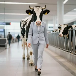 walking on two feet dairy cow face with woman suited body at the! dream walking on two feet dairy cow with woman face at the airport