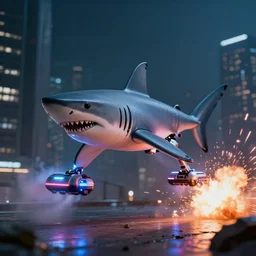 Robotic laser shark with futuristic hover tech shoots the city and blows things up