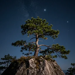 a photograph of a pine tree on top of a rocky mountain, star shining in space, highly detailed, sharp focus, cinematic, hyperrealism, photorealistic