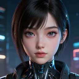 a comic potrait of a cyberpunk cyborg girl with big and cute eyes, fine - face, realistic shaded perfect face, fine details. night setting. very anime style. realistic shaded lighting poster by ilya kuvshinov katsuhiro, unreal engine, global illumination, radiant light, detailed and intricate environment