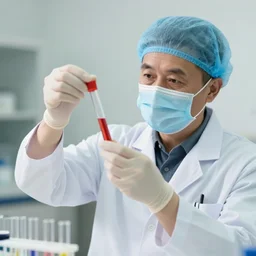 dalas review is wearing a doctor's coat and is using a test tube