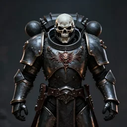 space marine, knight, skull helmet, terrifying, grimdark, photorealistic, front view, symmetrical, artstation, art by brom