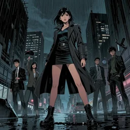 young female detective long tailored overcoat, dress, combat boots, in a dark city in the rain, surreal, comic book, low angle, wide angle, concept art by stuart immonen, sam kieth, shinji aramaki, greg rutkowksi, andrew ferez