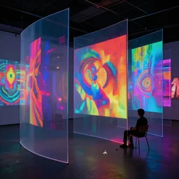 room with overlaping curved translucent screens projecting art, large colorful art, pixel perfect image, high contrast, volumetric lighting, tiny neon light, chair, user, pair of keys