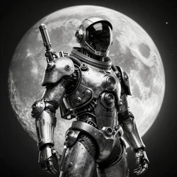 a vertical portrait of a character in an spaceship, moon behind, by nihei tsutomu, black and white, dreamy, steampunk bioarmor, highly detailed, 3 d render, vray, octane, realistic lighting