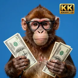 Monkey wearing cool glasses and holding dollars, blue background, studio lighting, 4k, award winning photography