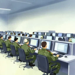 wall of computer consoles with army men in foreground painted by shigeru komatsuzaki