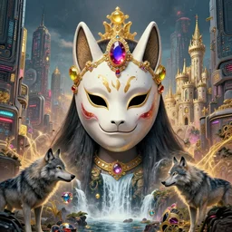 hyper realistic Princess Mononoke in her mask, busy  cyberpunk metropolis, city landscape, wolves, magic, castle, jewels, style of tom bagshaw, mucha, james gurney, norman rockwell, gems and gold, waterfalls, denoised, sharp