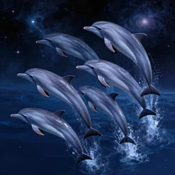 a group of cosmic dolphins jumping out of a cosmic ocean in space, half of the screen is cosmic ocean