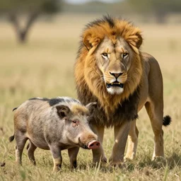 a lion pig!!! hybrid! hyper realistic!! realistic lighting!! wildlife photographer of the year!!! bold natural colors, national geographic, hd, wide angle, 8 k
