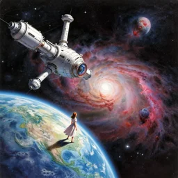 illustrated by moebius and greg rutkowski, romantic space scene with young girl!!!!, orbit of earth, futuristic orbital station!!!!, nebulae!!, starry sky!!, rule of third!!!!, vintage cover of sci - fi magazine, cinematic