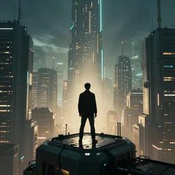 a view of a man's back standing on top of a building, with cyberpunk city buildings in the background, volumetric light, cinematic, moody