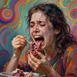 bright psychedelic todd solondz eating rotten flesh, crying and puking, abuse, diffuse lighting, fantasy, intricate, elegant, highly detailed, lifelike, photorealistic, digital painting, artstation, illustration, concept art, smooth, sharp focus, art by francis bacon