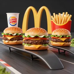 burger king, and mcdonalds all competing in a three - way drag - race with the nhra at night with gay fireworks in the night sky.