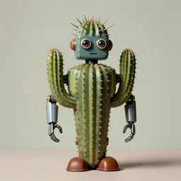 1950s retro cactus robot, with spikes on the head. Bionic Arms and eyes. pop surrealism, muted colours. by Jean-Baptiste Monge, wide shot