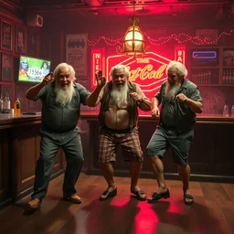 3 grandpas twerking on a bar stage, photorealistic