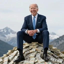 joe biden laughing and sitting on top of a mountain of cash