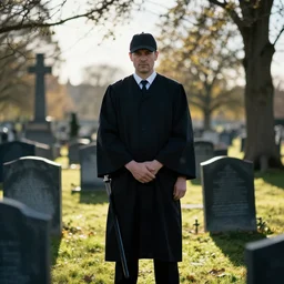 an undertaker standing in a graveyard. backlight photo.