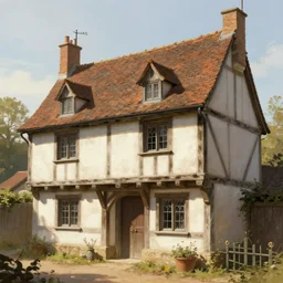 medieval timbered building with white plaster, art by greg rutkowski gaston bussiere, quaint cottage style, warm light, fantasy detailed digital painting concept art artstation, sharp focus