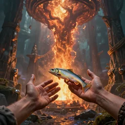 beautiful digital fantasy illustration of the forge of worlds, two hands reaching for a fish, high detail texture, unreal engine, 8k, Photographic quality, ultra hyper realistic quality, 8k definiton, hyper-realistic, cinematic, cinematic lighting