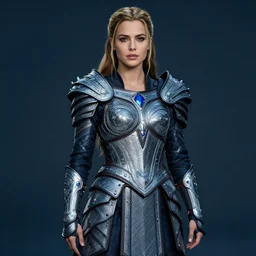 full shot photo of alexandra daddario as a warrior with sapphire encrusted armour