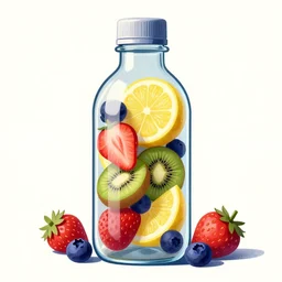 ( ( dither ) ), editorial illustration strawberries blueberries sliced kiwi sliced lemon inside a clear drinking bottle portrait, volumetric, modern art deco, ( ( mads berg ) ), christopher balaskas, victo ngai, rich grainy texture, detailed, dynamic composition, wide angle, matte print, art nouveau, ( ( dieter rams ) )