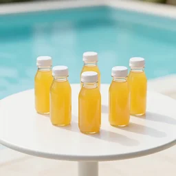 5 5 mm photo of juice bottle on a zen minimalist round white table with gorgeous pool in the background. highly detailed 8 k. intricate. lifelike. soft light,