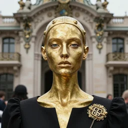 A full body portrait of a girl covered in brass featured in Vogue and GQ editorial fashion photography, beautiful eye, symmetry face, the background is art nouveau building, haute couture dressed by Givenchy and Salvatore Ferragamo, Canon EF 85mm f/1.4L IS USM