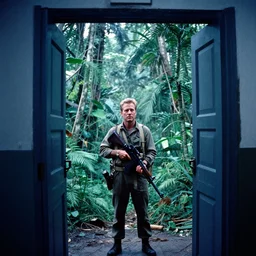 film still, extreme far view, bill maher, jungle, vietnam door gunner, apocalypse now, associated press,, 2 6 mm, kodak ektachrome, blue tint expired film,