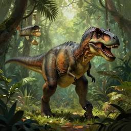 tyrannosaurus from jurassic park walking in the jungle, full body shot, highly detailed, digital painting, artstation, concept art, matte, sharp focus, illustration, art by artgerm and greg rutkowski and alphonse mucha
