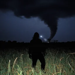 weird dark monster silhouette standing in the field, dark night, tornado, phone flash, 1998 photo