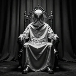 Aphex Twin sitting on throne wrapped in silk, background made of large folding curtains, dark, hyper detailed, hyper realistic, 8K phot realistic, black and white color, dimly lit, dark,