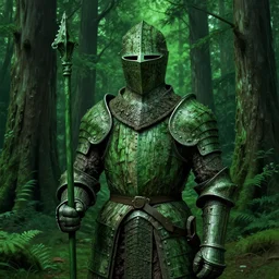 portrait of a knight in the redwood forest, armor made of bark, guard, nature, highly detailed, key visual, monochromatic green, concept art, artistic render, vaporwave, matte painting, by leonardo da vinci