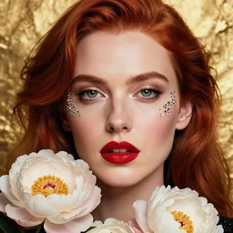Portrait of a European woman, close-up, high sharpness, zeiss lens, fashion photo shoot, peony flowers, red hair, red lipstick, in the background of gold, they have rhinestones on their face, Edward Buba, Annie Leibovitz, David Lazar, Jimmy Nelsson, Eiko Hosoe, artistic, hyper-realistic, beautiful face, octane rendering