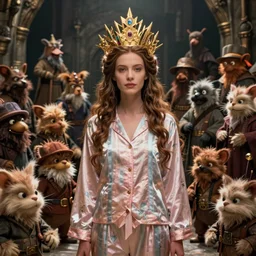 detailed ultrarealistic photography medium shot of fantasy dungeon queen in pajama and hordes pf furry muppet puppet leyendecker, norman rockwell, greg rutkowski, artstation cinematic, vray game of thrones, lord of the rings, star wars