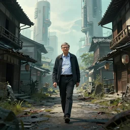 Futuristic matte painting of Bill Gates walking through a futuristic abandoned japanese village, volumetric light scattering, highly detailed, digital art, Andreas Rocha, Greg Rutkowski, Darek Zabrocki, ArtStation, CGSociety, Unreal Engine, 4K, 8K