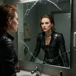 octane render photographic portrait by quentin tarantino of a beautiful feminine man wearing black techwear and light makeup looking in a broken bathroom mirror, cramped new york apartment, full shot, retrofuturism cyberpunk cinematic, 8 k, hd, high resolution, ultra realistic faces, intricate detail, trending on artstation, digital painting, clockwork orange
