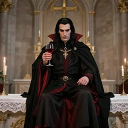 vampire dressed in black and red medieval noble’s clothing, with long black hair, clean shaven, holding a glass of wine and a lit match, sitting atop a catholic church altar. photorealistic.