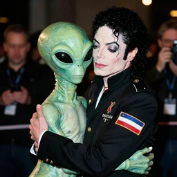 michael jackson hugging an alien with pete davidson, in focus, blured background, high detail, sharp, film photography, direct flash, kodak portra 4 0 0,