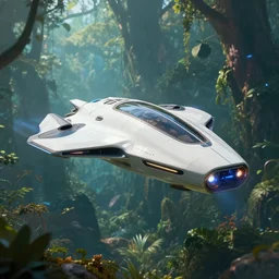 futuristic luxury medium - sized personal spaceship designed by apple flying above the exotic forest art by greg rutkowski and paul ozzimo angular design epic fantasy sci - fi volumetric light clear focus detailed unreal engine digital art trending on artstation deviantart octane render,
