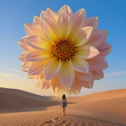 closeup massive dahlia flower under head, a girl walking between dunes, surreal photography, sunrise, blue sky, dramatic light, impressionist painting, digital painting, artstation, simon stalenhag