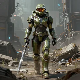 a female body builder walking in a cyberpunk wasteland facing the camera, mjolnir armor from halo infinite, no helmet!!!!, ultra realistic, very highly detailed, 8K, bioware anthem video game javelin armor, octane render, Digital painting, concept art, illustration, sharp focus, centered, good value control, realistic shading, rational painting, rubber suit