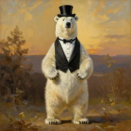 painting of a polar bear dressed with a tuxedo and a top hat, standing on two legs on the floor. art by william adolphe bouguereau. during golden hour. extremely detailed. beautiful. 4 k. award - winning.