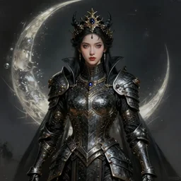 hyperdetailed portrait of beautiful queen's dragon dark moon armored girl mistress. highly detailed portrait, digital painting, sharp foccus ilustration, artstation hq. intricate, elegant. wlop, greg rutkowski, alphonse mucha, medium shot. dan mumford