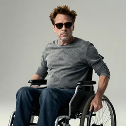 movie poster for weekend at bernie's 3, robert downey jr in a wheelchair with dark sunglasses, grey facial flesh, cinematic lighting, zombie rigor mortis inanimate corpse in a wheelchair, robert downey starring in weekend at bernie's, bernie goes to vegas,