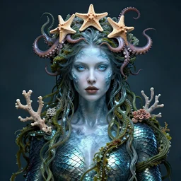 front view portrait of a beautiful nordic water goddess, fish scale skin, ice blue eyes, brown lips, entwined in seaweed and coral, an octopus and starfish crown, highly detailed, sci - fi, intricate, decadent, octane render, concept art, smooth, sharp focus, hyper - realistic